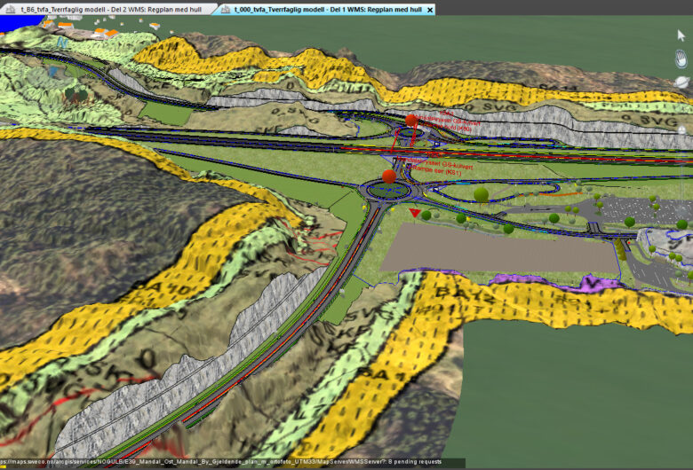 3D-modell over område hvor nye E39 Mandal - Lyngdal skal gå. Bildet er fra fugleperspektiv og viser hvordan veien vil gå ift fjellene og landskapet som allerede finnes