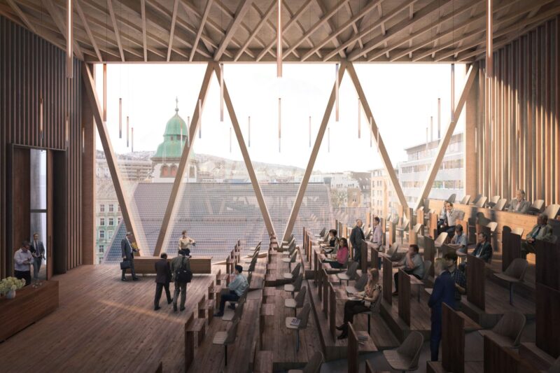 Bildet viser en illustrasjon av hvordan auditoriet i fylkestingssalen i Bergen vil se ut. Vegger, gulv og tak er i tre, samt møblene. Vinduet dekker en hel vegg.