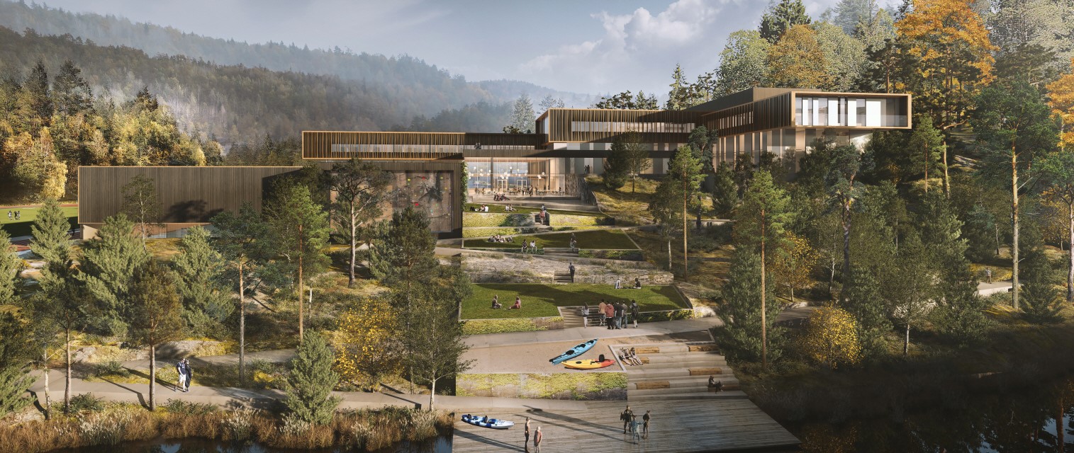 Illustrasjon av et moderne skolebygg i tre, omgitt av natur og grønne trær. Det ligger en brygge ved vannet med kajakker og mennesker. I bakgrunn høye fjell.